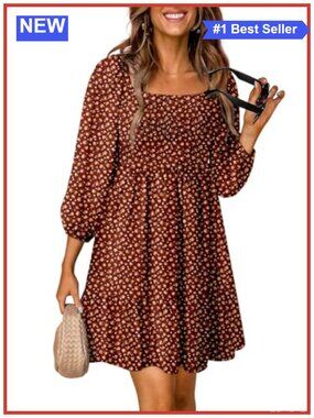 Women's Boho Floral Square Neck Smocked 3/4 Sleeve Mini Dress